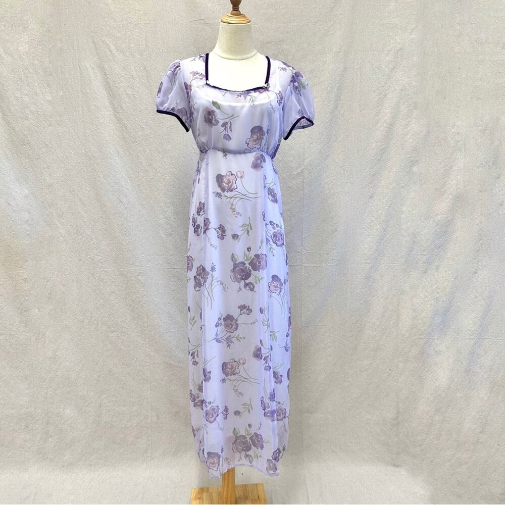 Vintage 90s purple floral Regencycore short sleeve maxi dress with slip  size 11